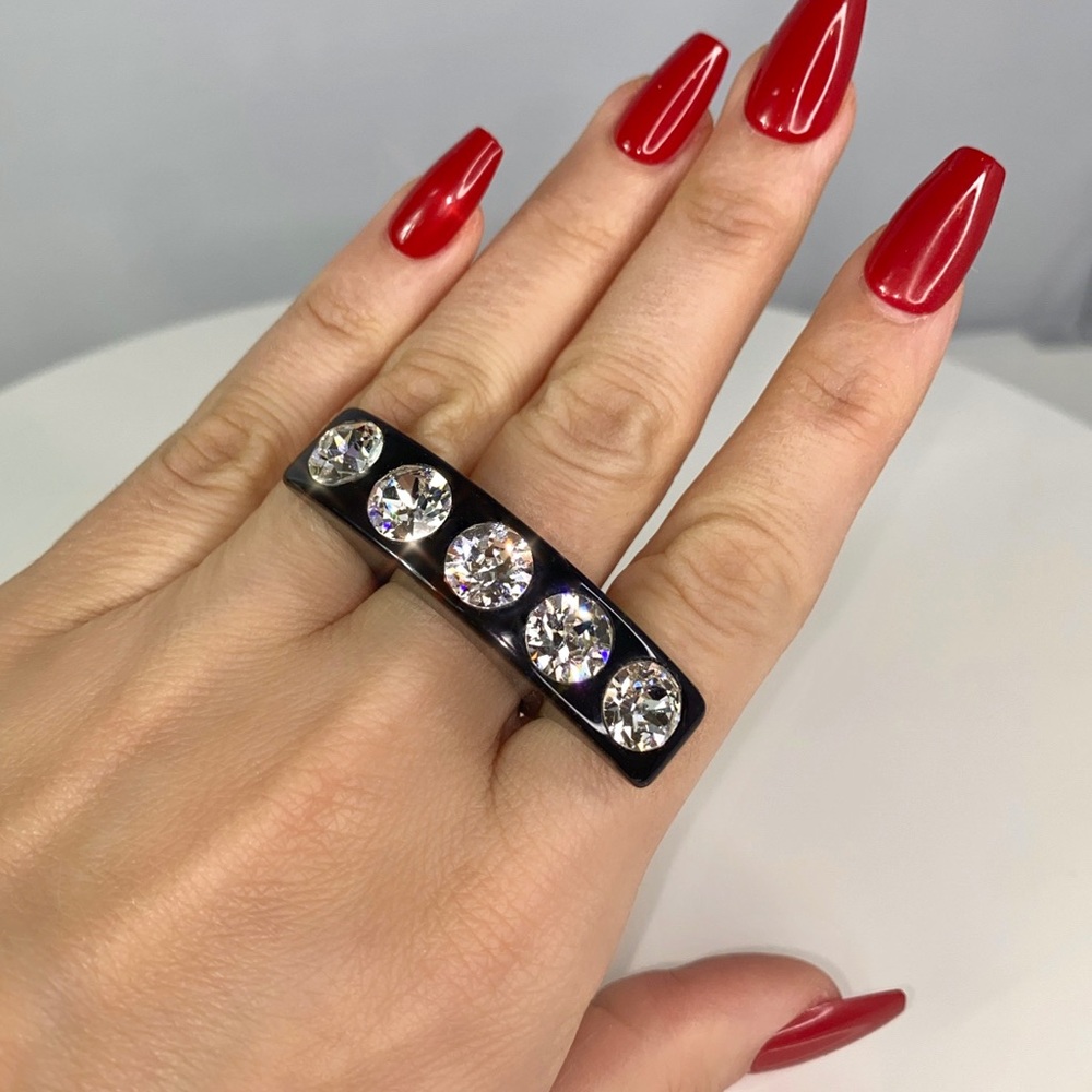Black Acrylic Crystal Ring Embellished With 5 large Swarovski Crystal stones